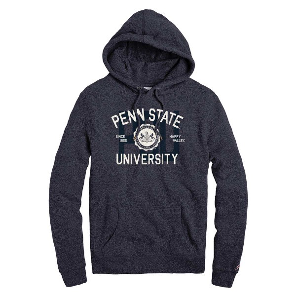 navy heather hooded sweatshirt with Penn State University and Seal, PSU in background